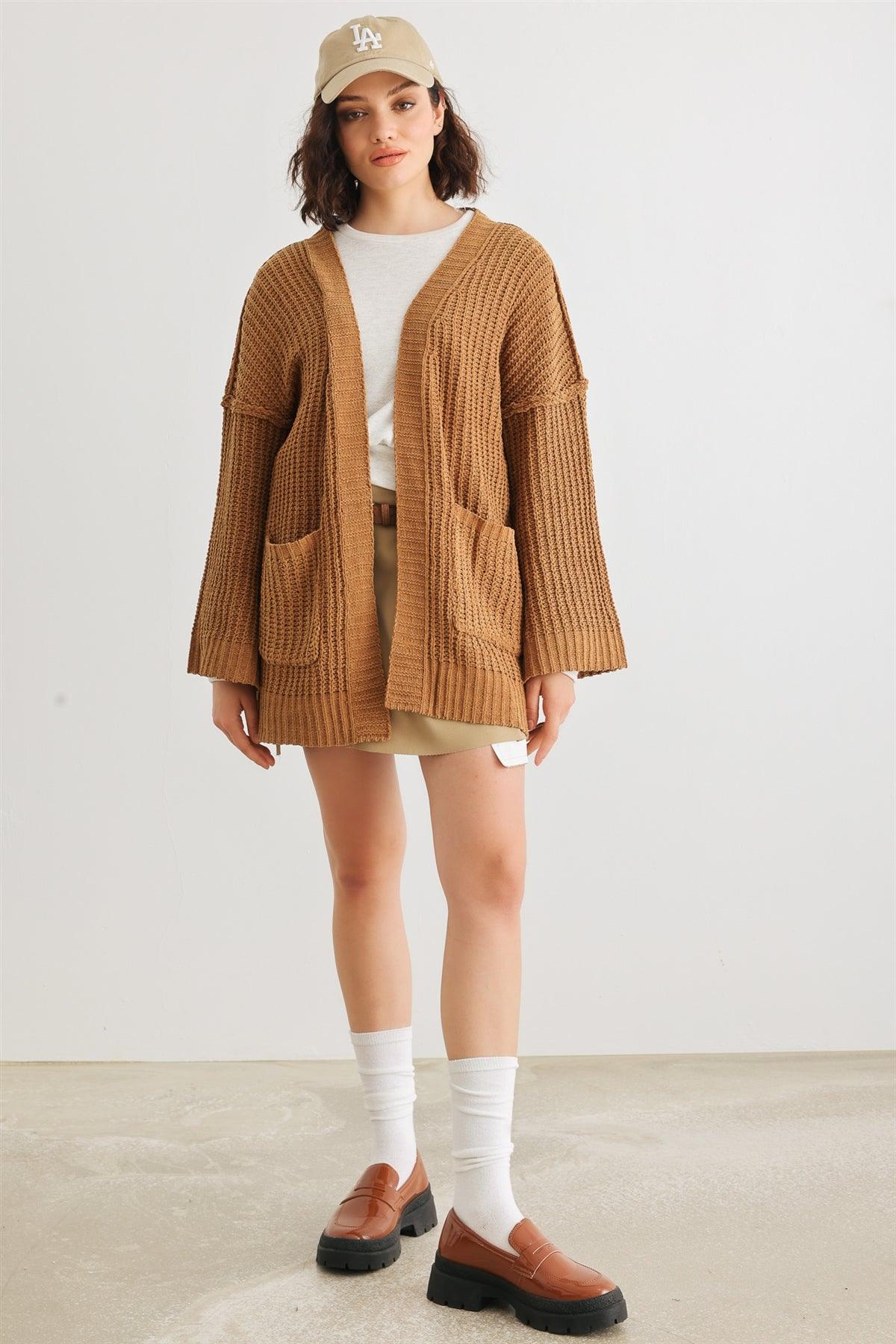 Camel Knit Long Sleeve Two Pocket Open Front Cardigan /2-2-2