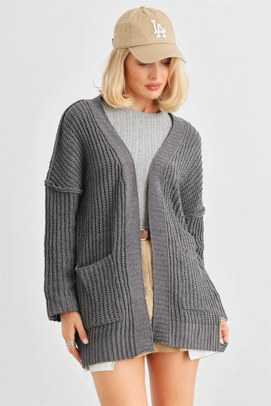 Charcoal Knit Two Pocket Open Front Cardigan - Tasha Apparel Wholesale