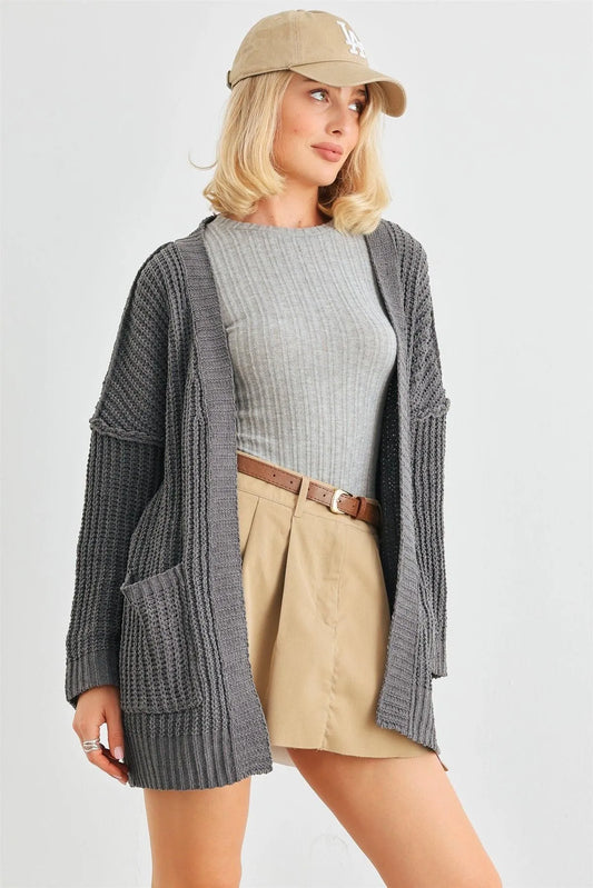 Charcoal Knit Long Sleeve Two Pocket Open Front Cardigan /2-3-2 - Tasha Apparel Wholesale