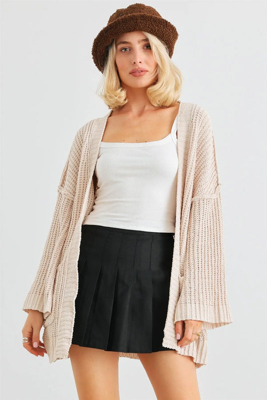Cream Knit Long Sleeve Two Pocket Open Front Cardigan /2-2-2 - Tasha Apparel Wholesale