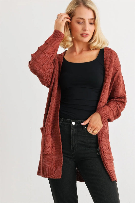 Brick Knit Two Pocket Long Sleeve Open Front Cardigan /2-2-2 - Tasha Apparel Wholesale
