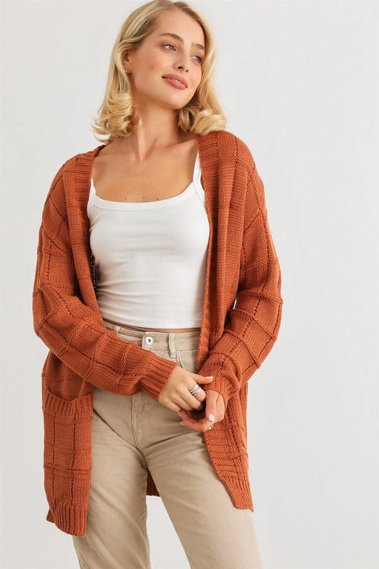 Camel Knit Two Pocket Long Sleeve Open Front Cardigan /2-2-2 - Tasha Apparel Wholesale