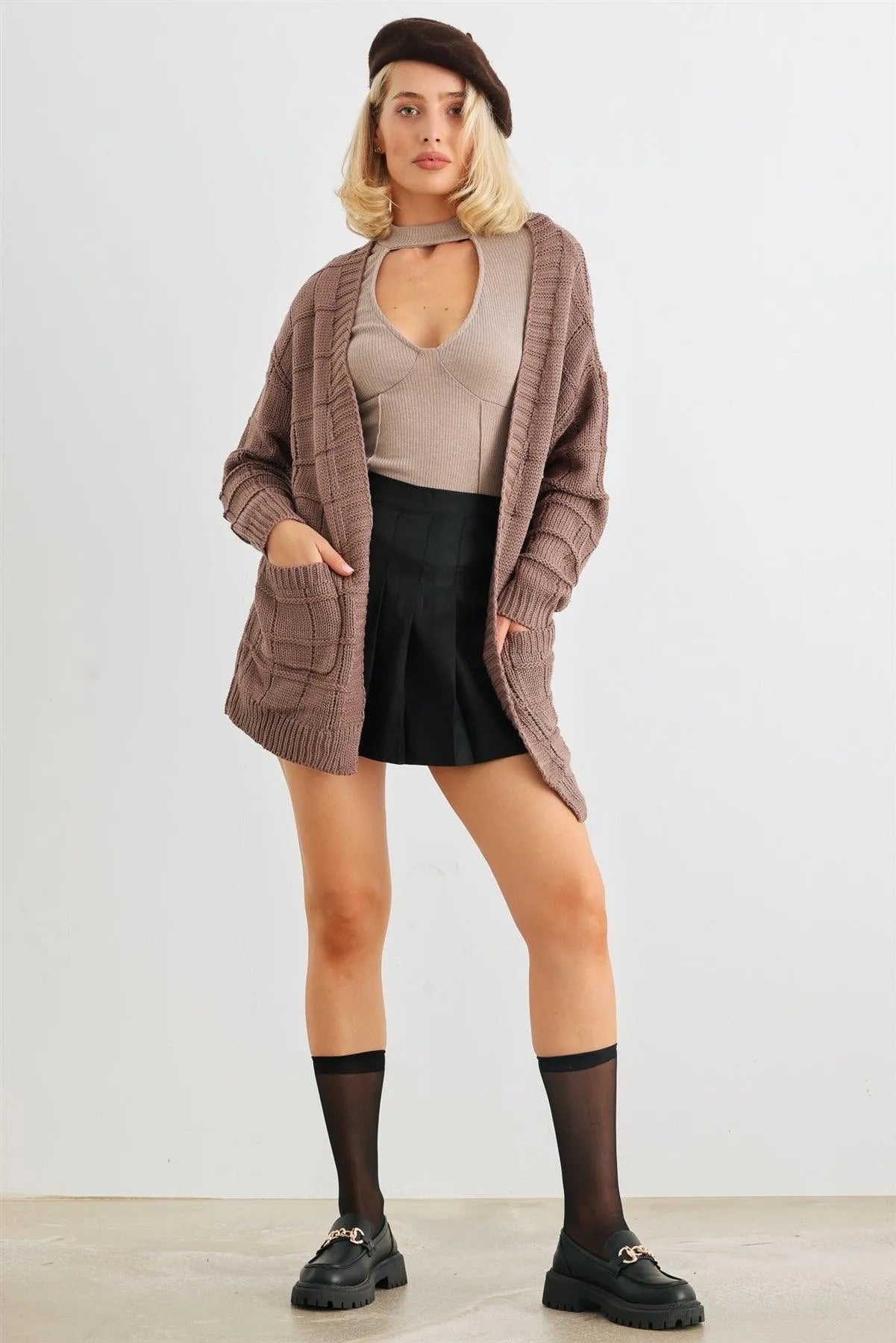 Cocoa Brown Knit Two Pocket Long Sleeve Open Front Cardigan /2-2-2 - Tasha Apparel Wholesale