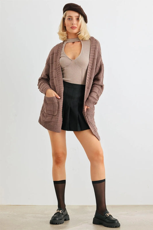 Cocoa Brown Knit Two Pocket Long Sleeve Open Front Cardigan /2-2-2 - Tasha Apparel Wholesale
