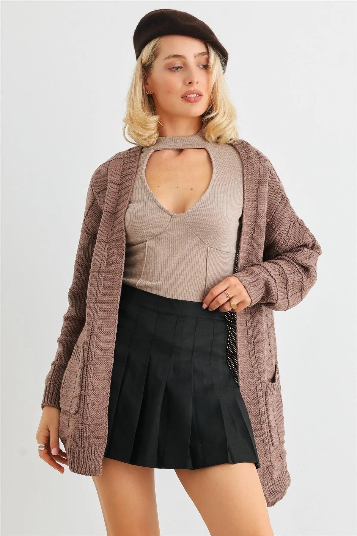 Cocoa Brown Knit Two Pocket Long Sleeve Open Front Cardigan /2-2-2 - Tasha Apparel Wholesale