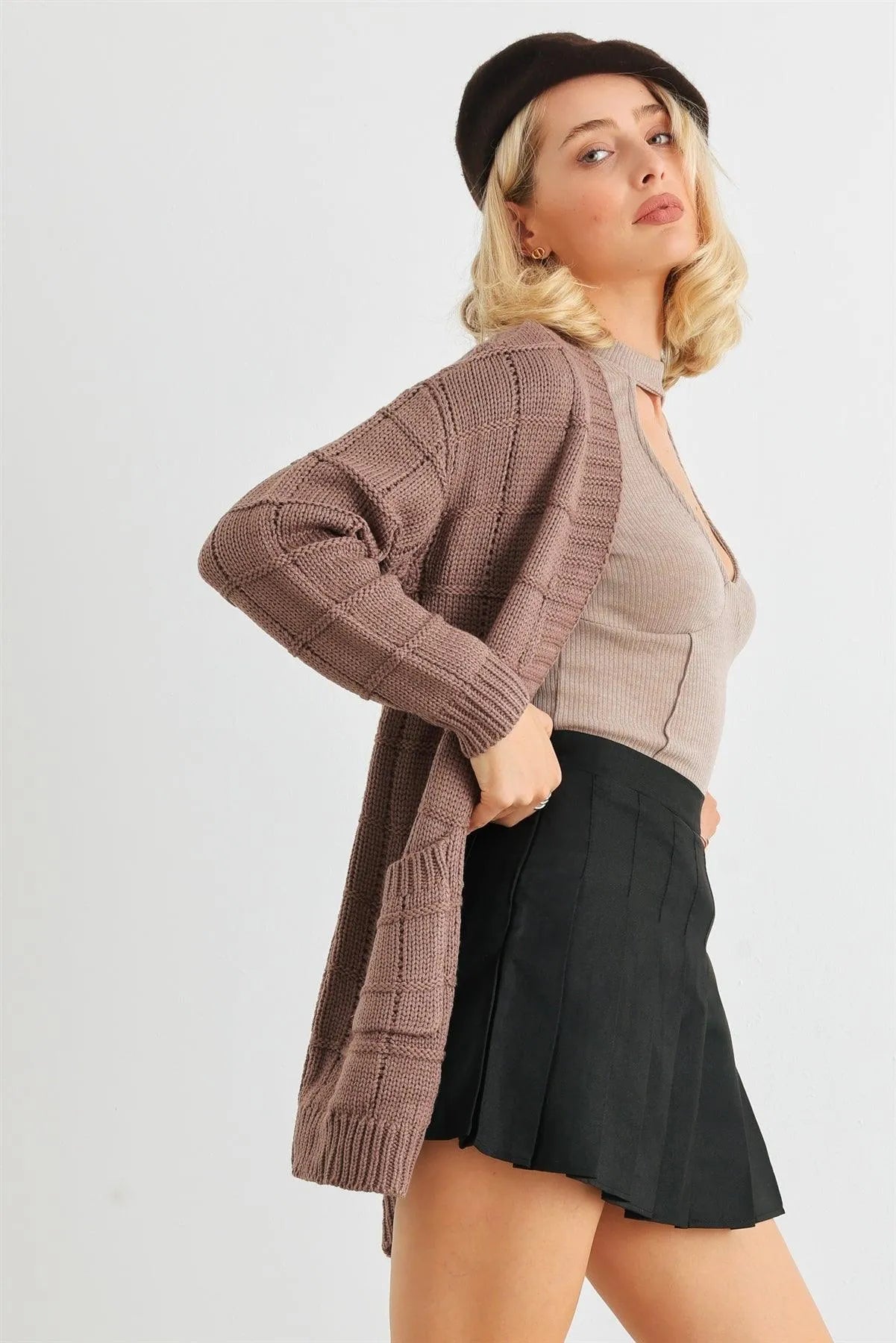 Cocoa Brown Knit Two Pocket Long Sleeve Open Front Cardigan /2-2-2 - Tasha Apparel Wholesale