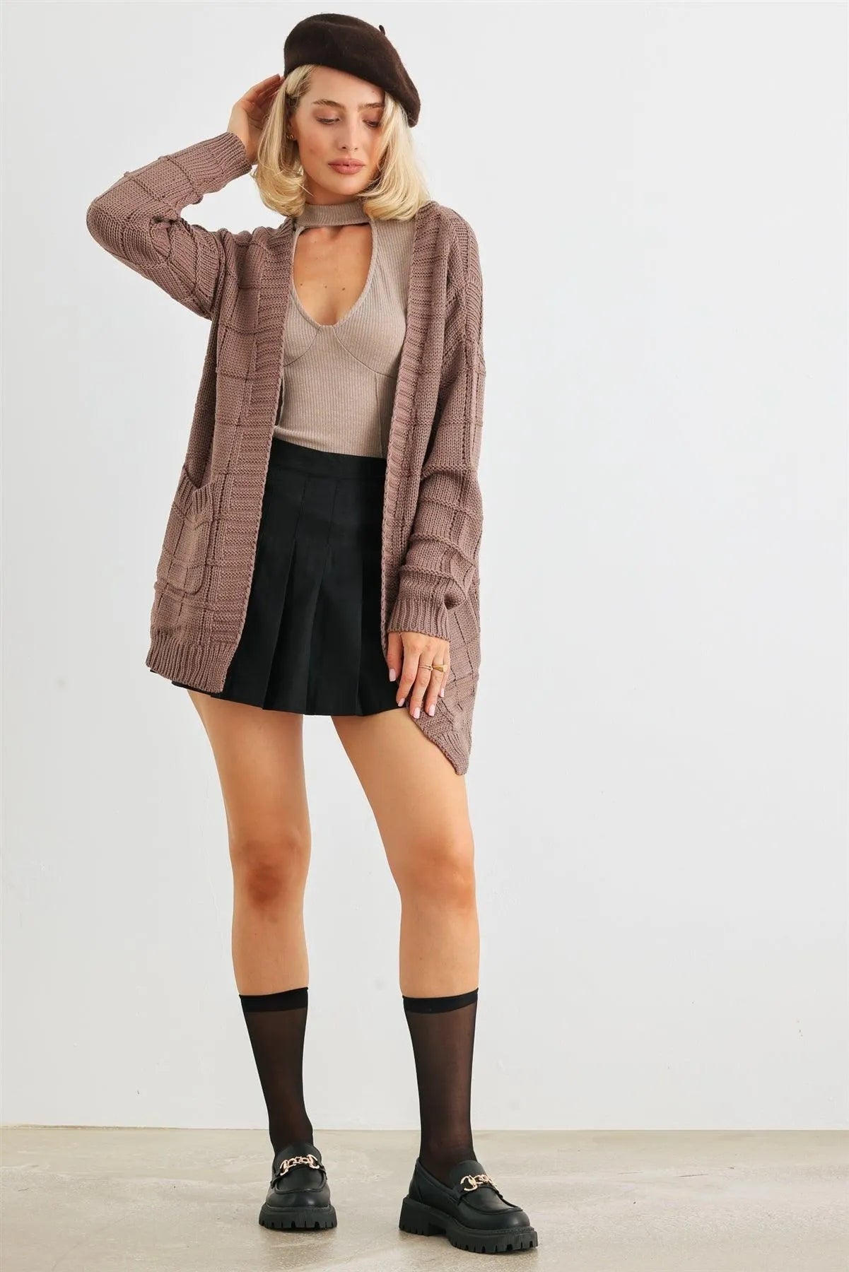 Cocoa Brown Knit Two Pocket Long Sleeve Open Front Cardigan /2-2-2 - Tasha Apparel Wholesale