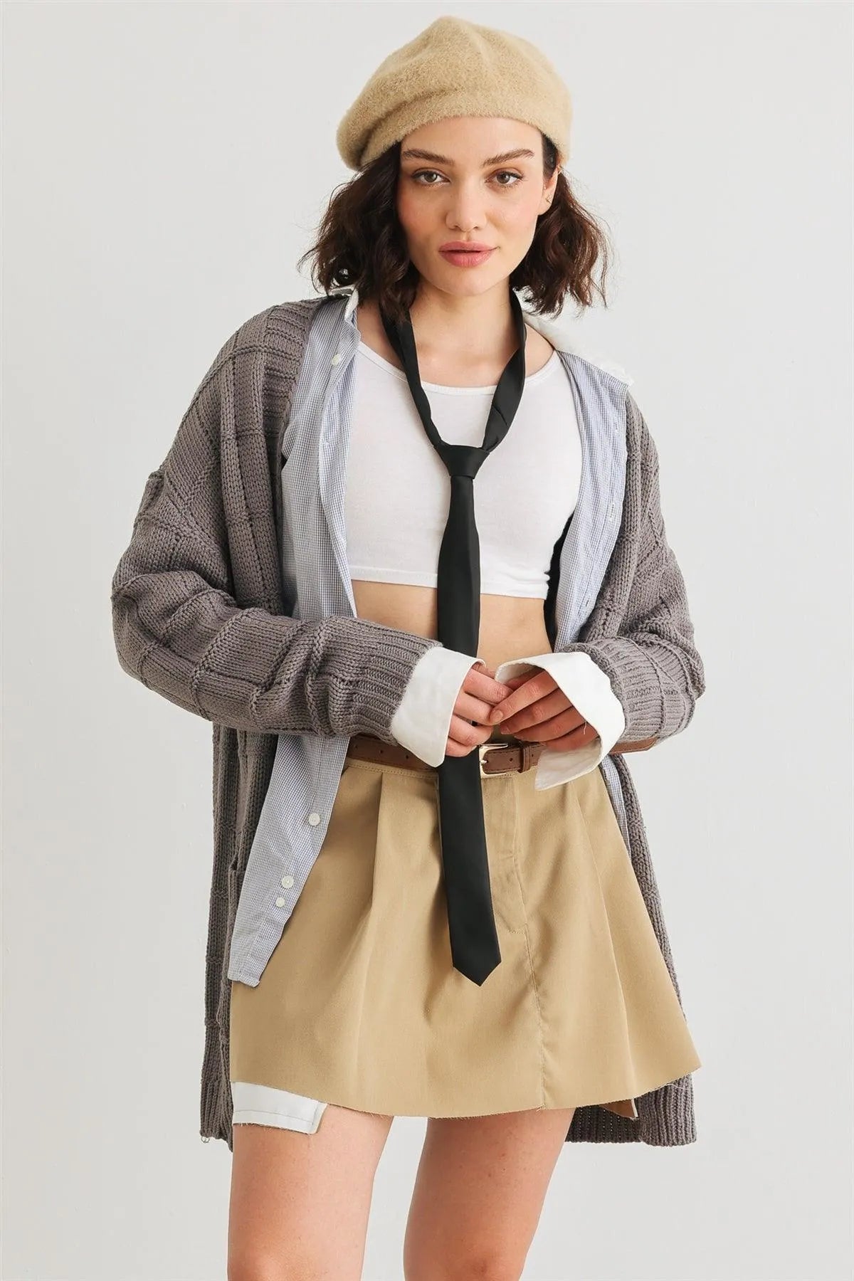 Heather Charcoal Knit Two Pocket Long Sleeve Open Front Cardigan /2-2-2 - Tasha Apparel Wholesale