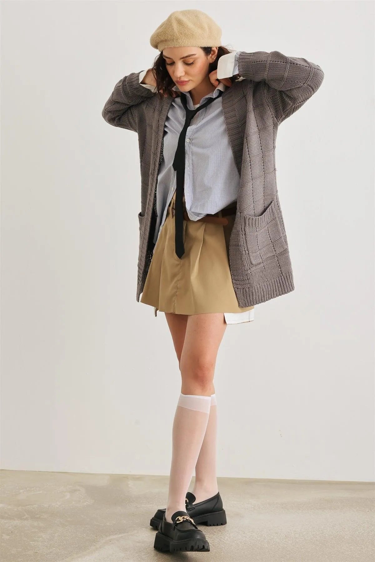 Heather Charcoal Knit Two Pocket Long Sleeve Open Front Cardigan /2-2-2 - Tasha Apparel Wholesale