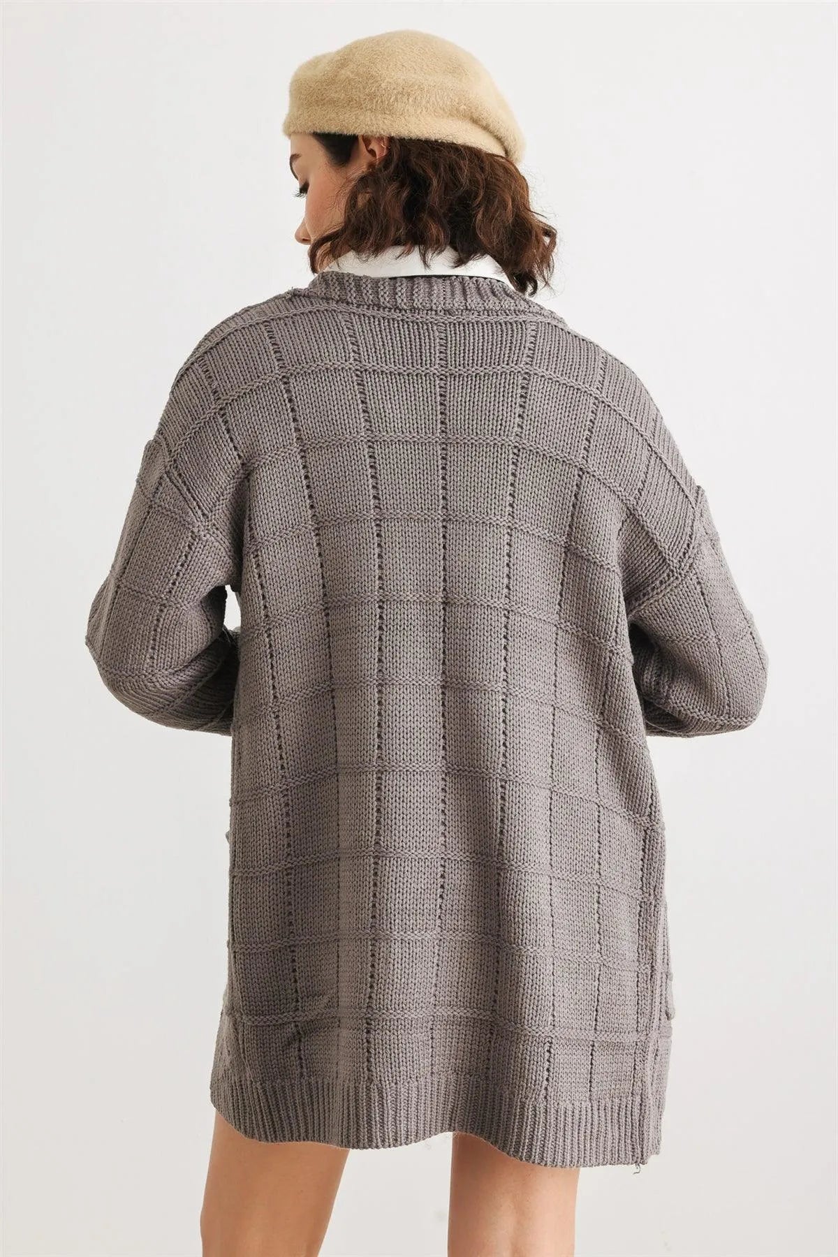 Heather Charcoal Knit Two Pocket Long Sleeve Open Front Cardigan /2-2-2 - Tasha Apparel Wholesale