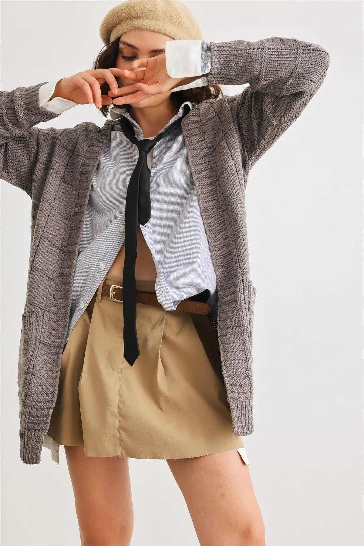 Heather Charcoal Knit Two Pocket Long Sleeve Open Front Cardigan /2-2-2 - Tasha Apparel Wholesale