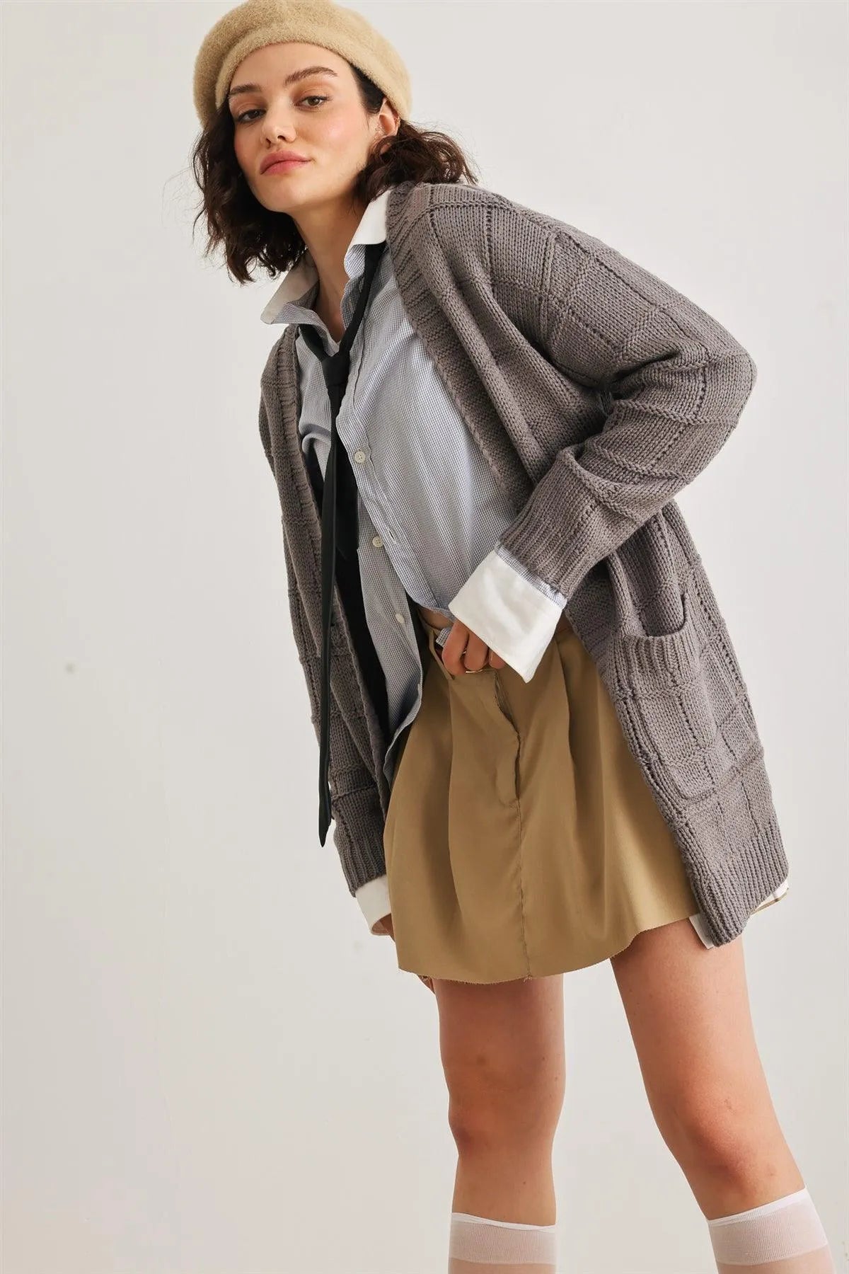 Heather Charcoal Knit Two Pocket Long Sleeve Open Front Cardigan /2-2-2 - Tasha Apparel Wholesale