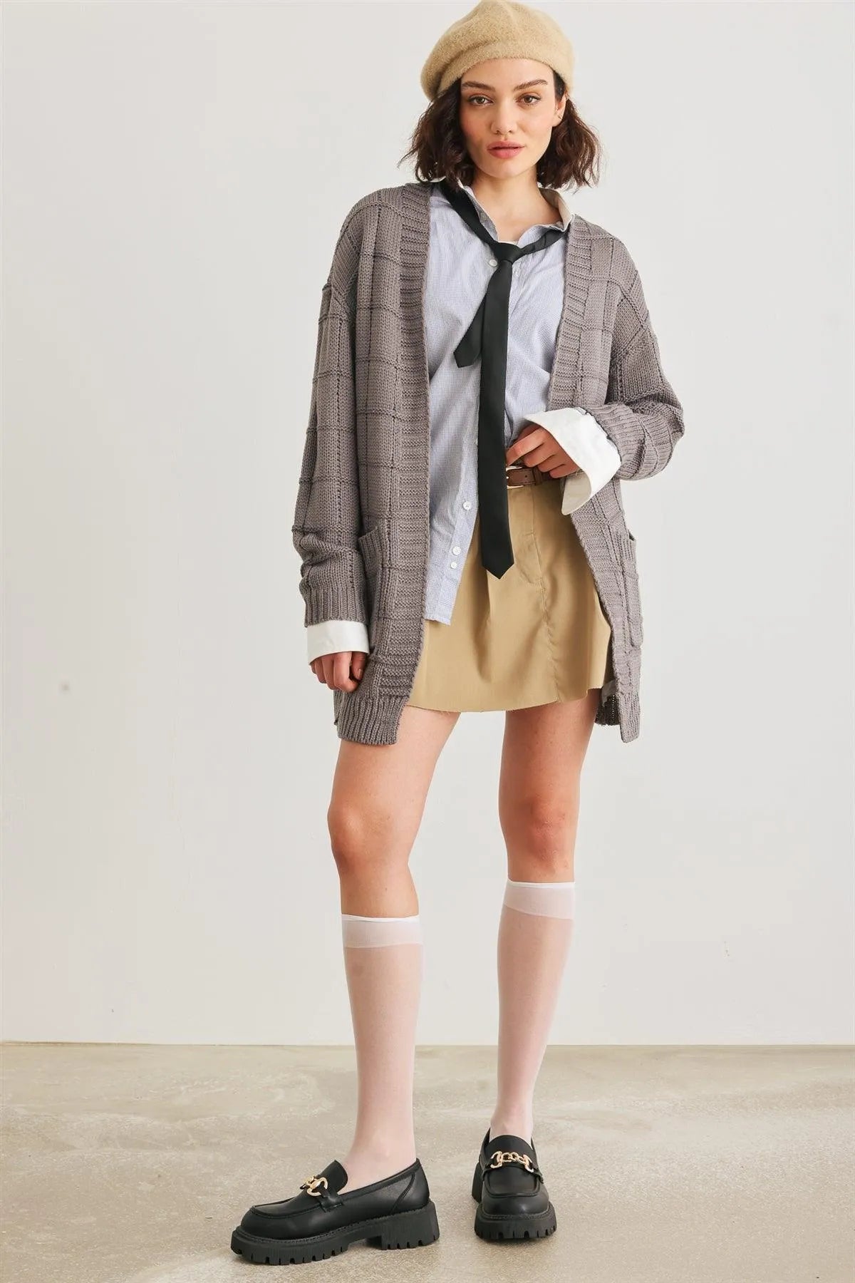 Heather Charcoal Knit Two Pocket Long Sleeve Open Front Cardigan /2-2-2 - Tasha Apparel Wholesale