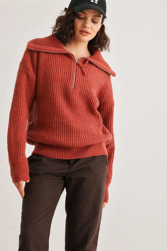 Rust Knit Zip-Up Turtle Neck Long Sleeve Sweater /2-2-2 - Tasha Apparel Wholesale