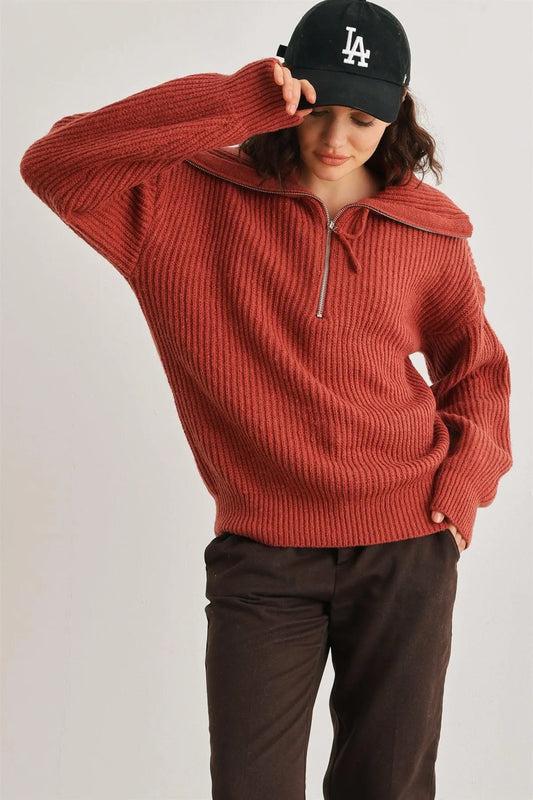 Rust Knit Zip-Up Turtle Neck Long Sleeve Sweater /1-2-3 - Tasha Apparel Wholesale