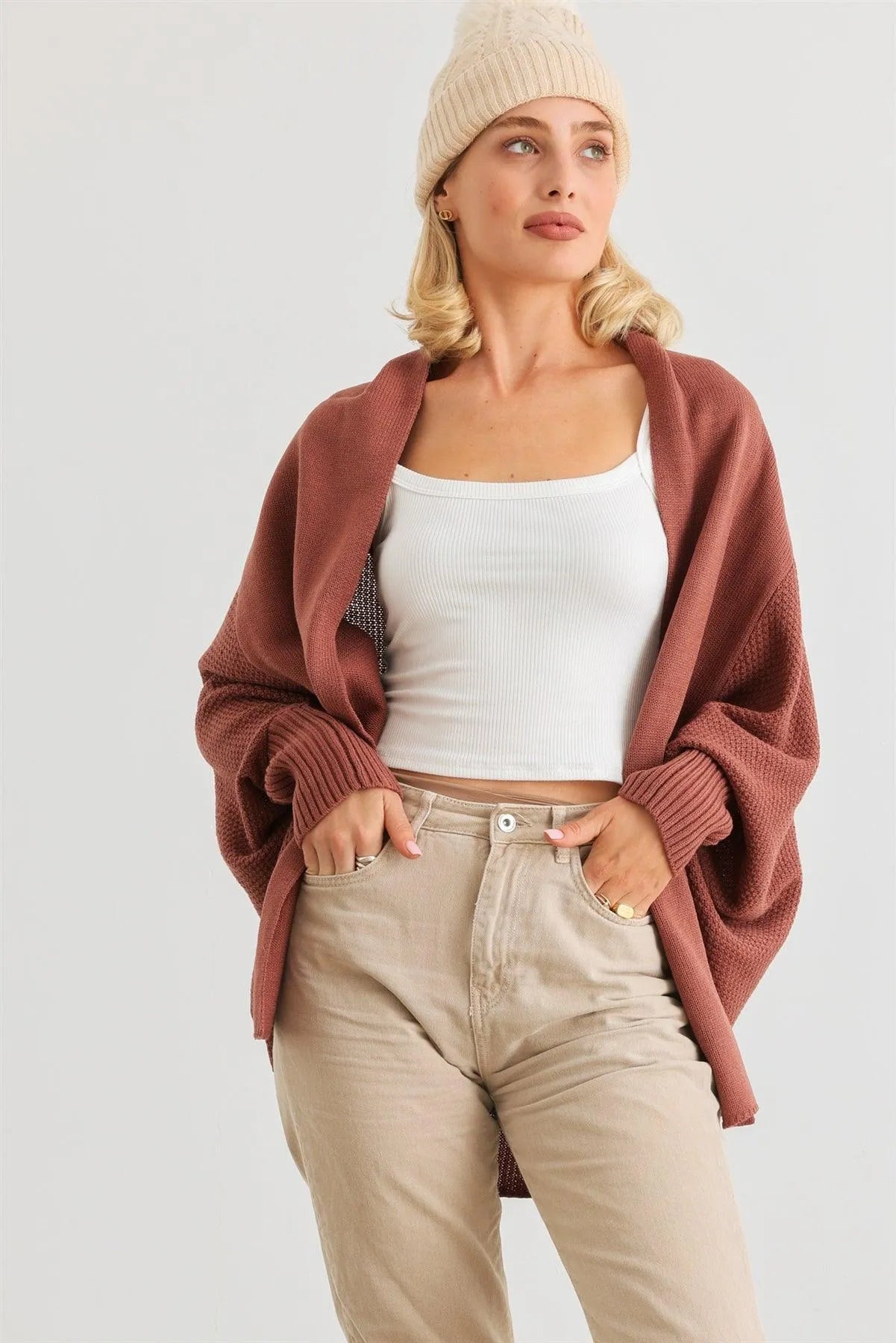 Brick Knit Batwing Sleeve Open Front Cardigan /1-2-2 - Tasha Apparel Wholesale