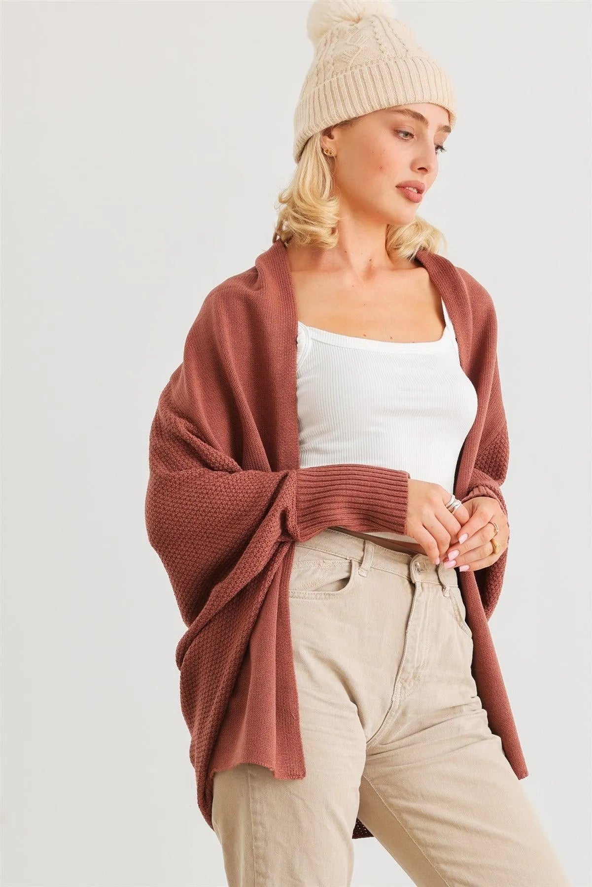 Brick Knit Batwing Sleeve Open Front Cardigan /1-2-2 - Tasha Apparel Wholesale