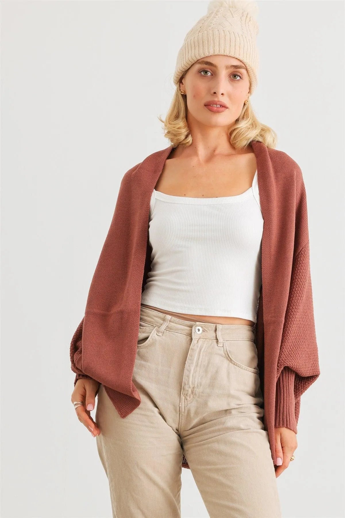 Brick Knit Batwing Sleeve Open Front Cardigan /1-2-2 - Tasha Apparel Wholesale