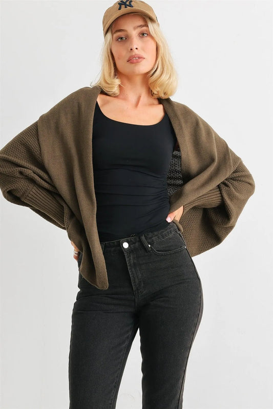 Olive Knit Batwing Sleeve Open Front Cardigan - Tasha Apparel Wholesale