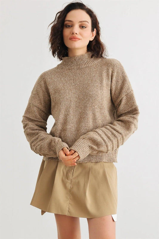 Camel Knit Mock Neck Lantern Sleeve Sweater /2-2-1 - Tasha Apparel Wholesale