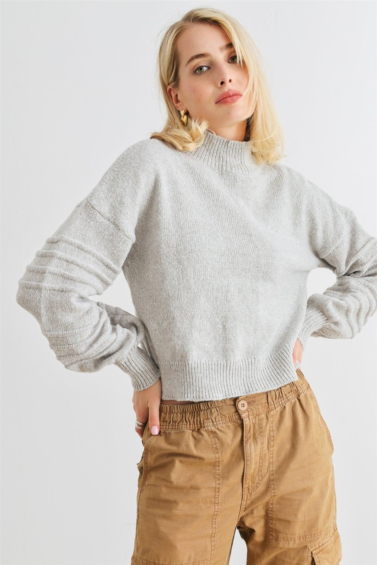 Heather Grey Knit Mock Neck Lantern Sleeve Sweater /2-2-2