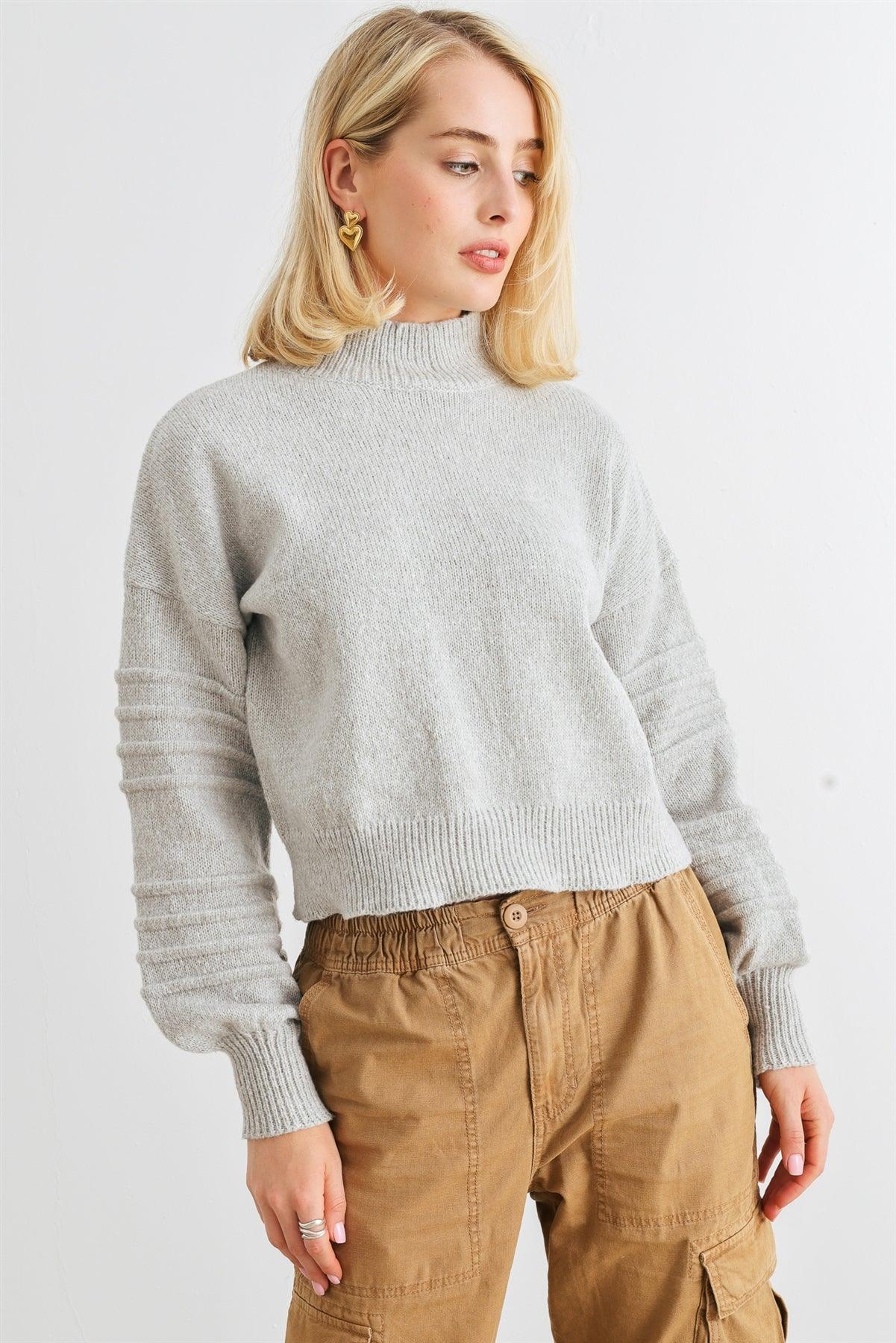 Heather Grey Knit Mock Neck Lantern Sleeve Sweater /2-2-2