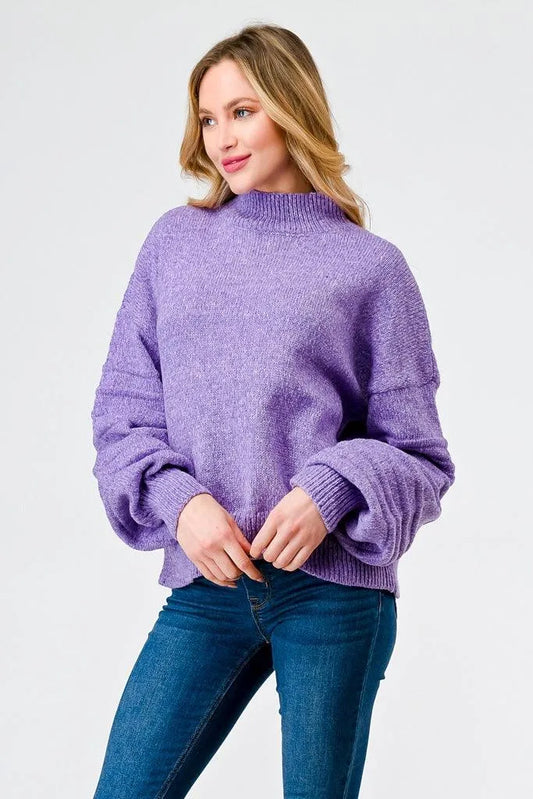 Very Peri Knit Mock Neck Lantern Sleeve Sweater /2-2-2 - Tasha Apparel Wholesale