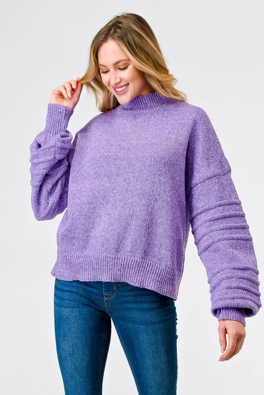 Very Peri Knit Mock Neck Lantern Sleeve Sweater /2-3-2 - Tasha Apparel Wholesale