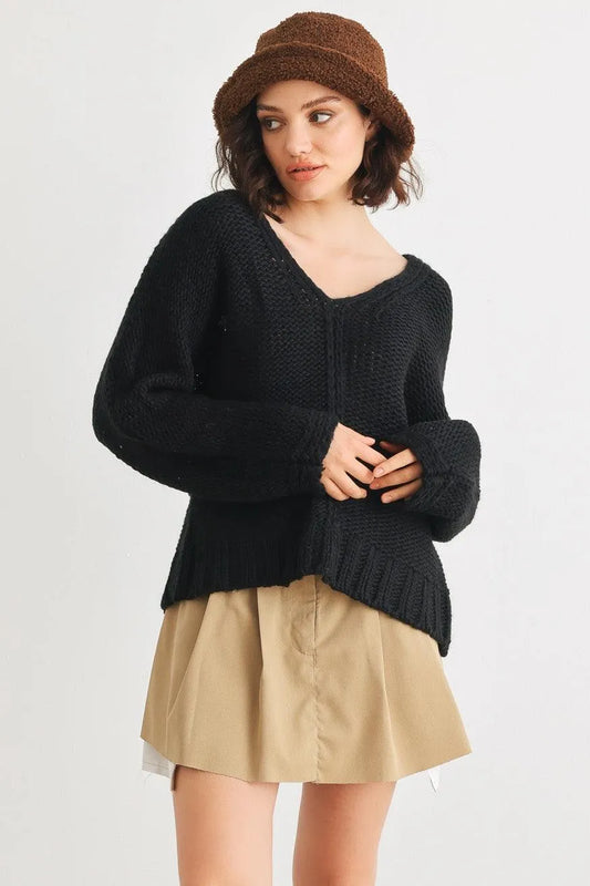 Black Crochet Knit V-Neck Long Sleeve Sweater /2-2-2 - Tasha Apparel Wholesale