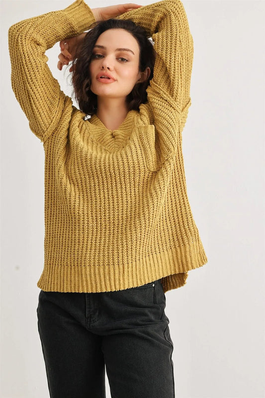 Gold Knit One Pocket Long Sleeve V-Neck Sweater /1-2-2 - Tasha Apparel Wholesale