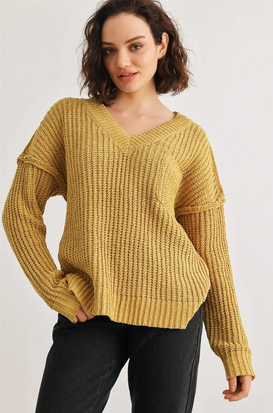 Gold One Pocket Long Sleeve V-Neck Sweater - Tasha Apparel Wholesale