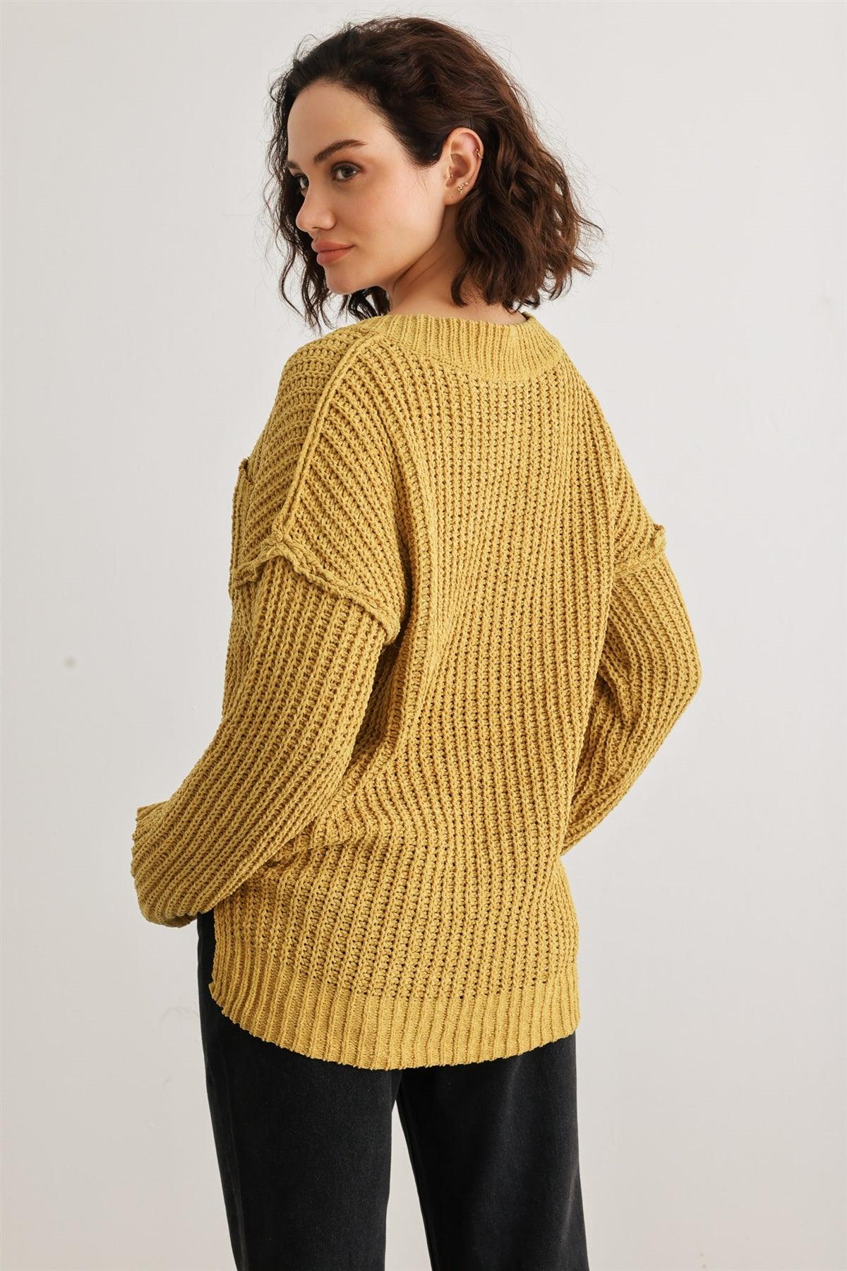 Gold Knit One Pocket Long Sleeve V-Neck Sweater /2-2-2