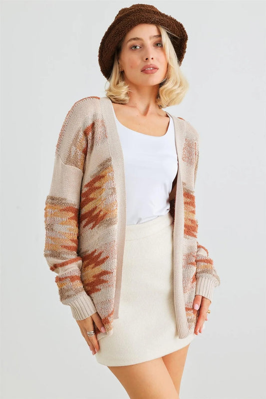 Camel Fuzzy Print Knit Long Sleeve Open Front Cardigan /1-2-2 - Tasha Apparel Wholesale