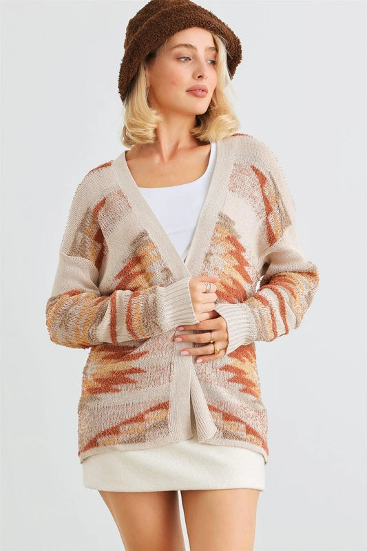 Camel Fuzzy Print Knit Long Sleeve Open Front Cardigan /2-2-2 - Tasha Apparel Wholesale