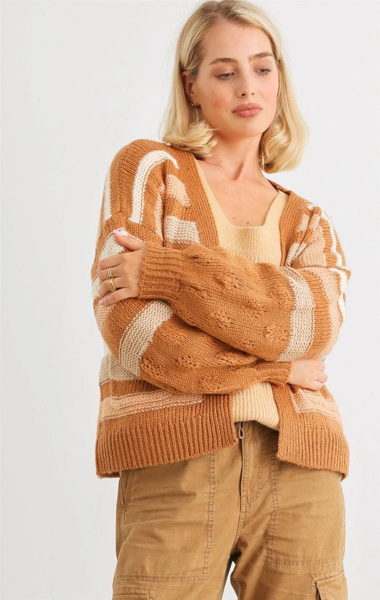 Camel Striped Crochet Knit Two Pocket Open Front Cardigan - Tasha Apparel Wholesale