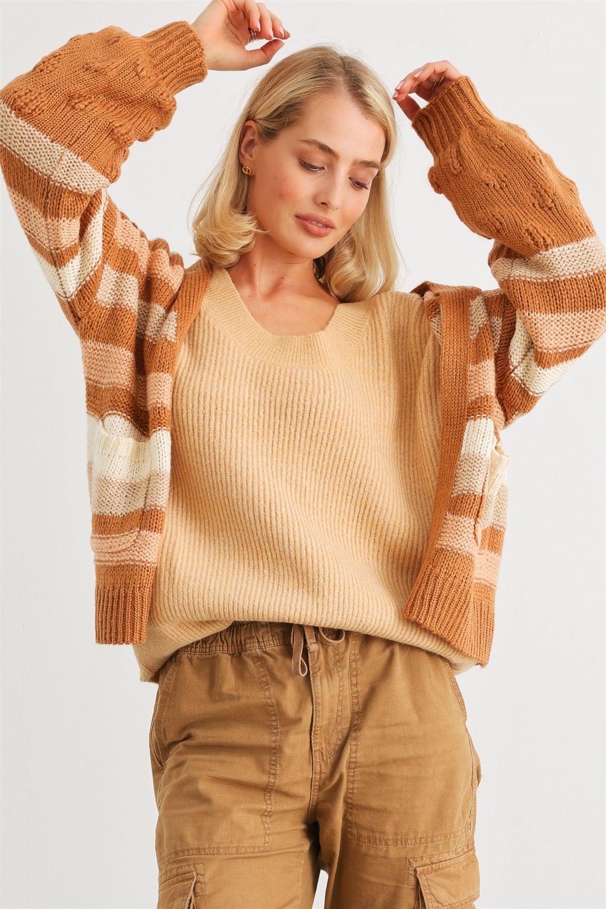 Camel Striped Crochet Knit Two Pocket Open Front Cardigan /2-2-2