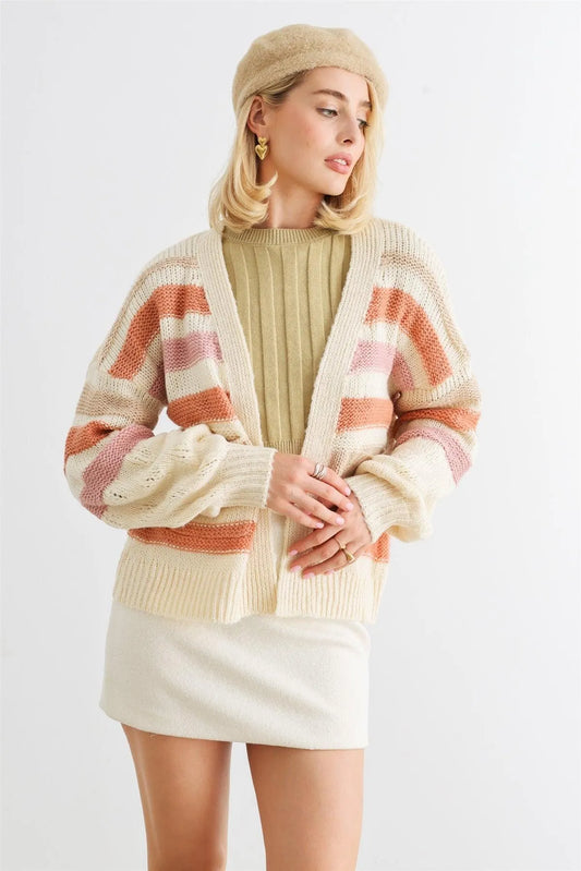 Ivory Striped Crochet Knit Two Pocket Open Front Cardigan /2-2-2 - Tasha Apparel Wholesale