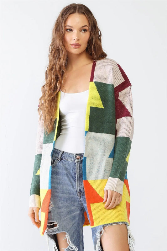 Multicolor Geo Print Ribbed Knit Long Sleeve Open Front Cardigan /2-2-2 - Tasha Apparel Wholesale