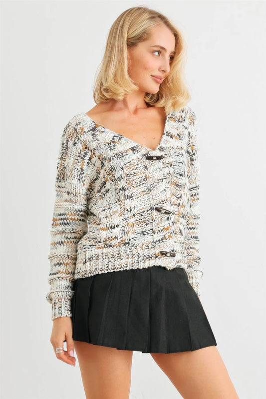 Denim Mix Crochet Knit Wooden Button-Up Soft To Touch Cardigan /2-2-2 - Tasha Apparel Wholesale