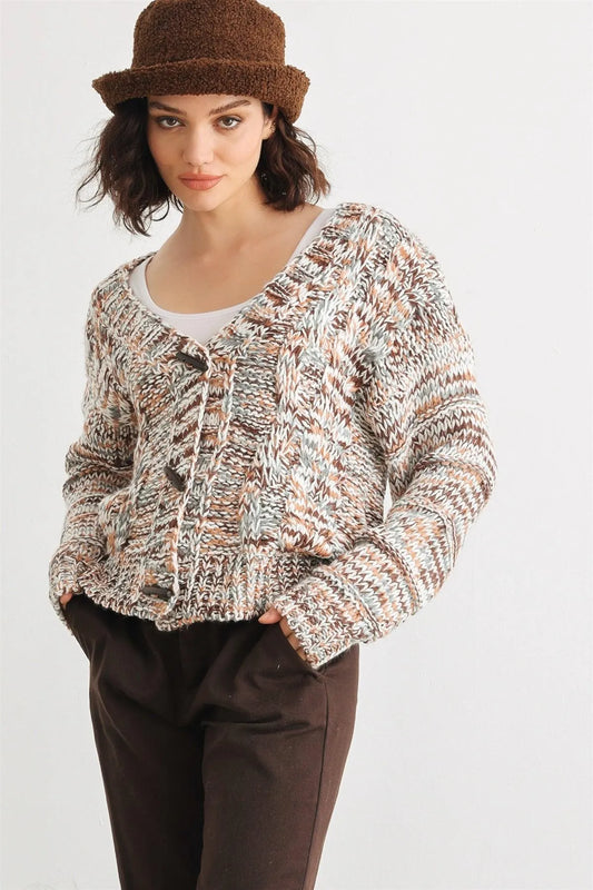 Olive Mix Crochet Knit Wooden Button-Up Soft To Touch Cardigan /2-2-2 - Tasha Apparel Wholesale