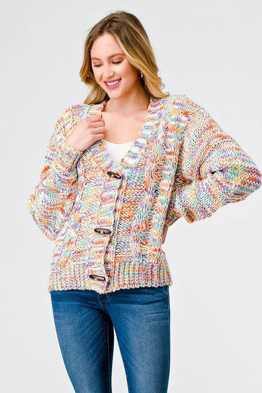 Rainbow Crochet Knit Wooden Button-Up Soft To Touch Cardigan /1-2-2 - Tasha Apparel Wholesale