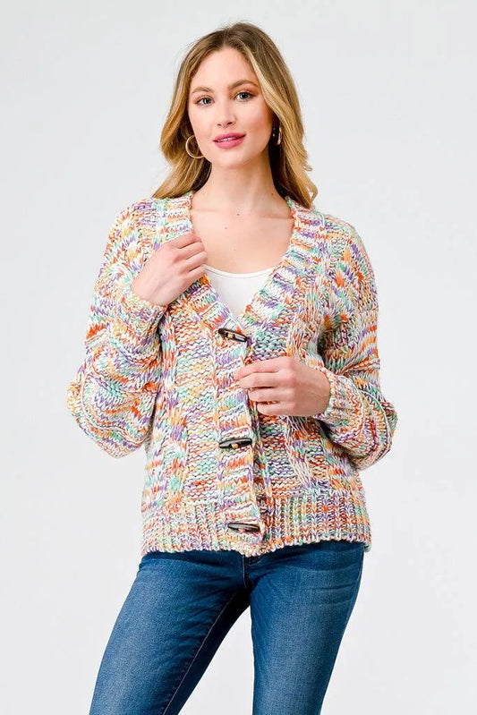 Rainbow Crochet Knit Wooden Button-Up Soft To Touch Cardigan /2-2-2 - Tasha Apparel Wholesale