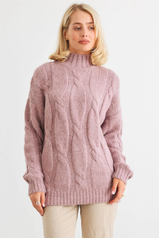 Mauve Cable Knit Turtle Neck Long Sleeve Sweater /1-1-1 - Tasha Apparel Wholesale