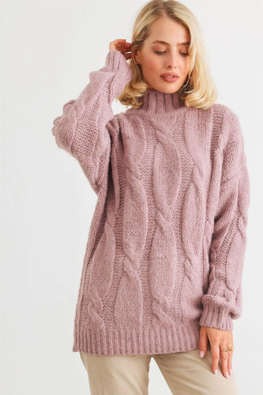 Mauve Cable Knit Turtle Neck Long Sleeve Sweater /2-2-2 - Tasha Apparel Wholesale
