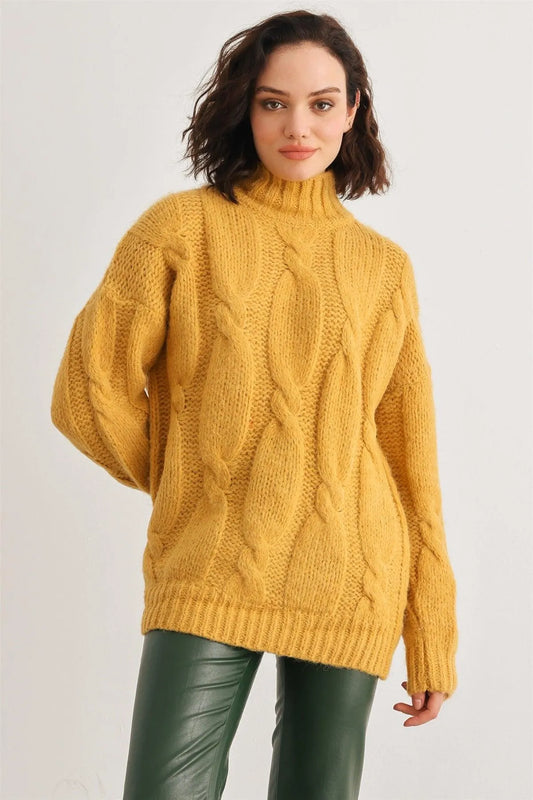 Mustard Cable Knit Turtle Neck Long Sleeve Sweater /1-1-1 - Tasha Apparel Wholesale