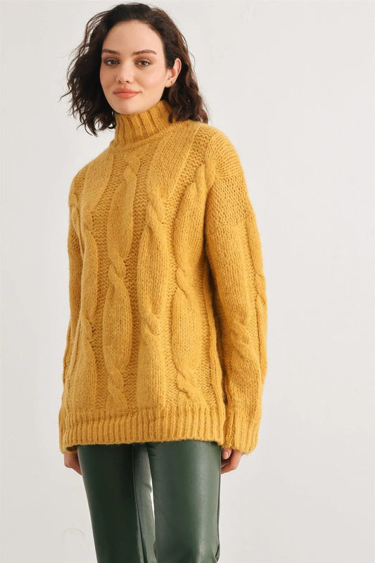 Mustard Cable Knit Turtle Neck Long Sleeve Sweater /2-2-2 - Tasha Apparel Wholesale