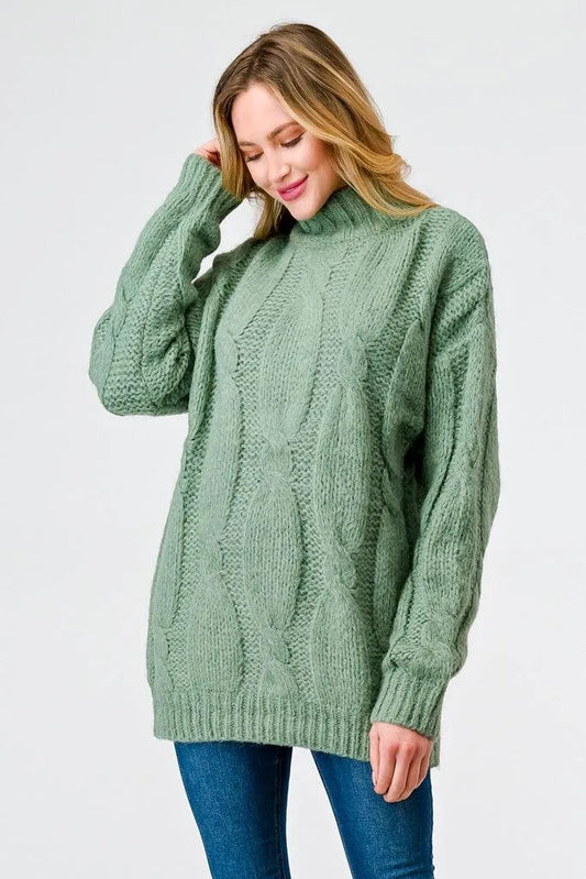 Sage Cable Knit Turtle Neck Long Sleeve Sweater /2-2-2 - Tasha Apparel Wholesale