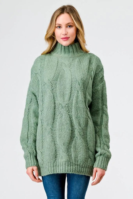 Sage Cable Knit Turtle Neck Long Sleeve Sweater /2-2-3 - Tasha Apparel Wholesale