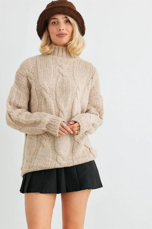 Taupe Cable Knit Turtle Neck Long Sleeve Sweater /2-2-2 - Tasha Apparel Wholesale
