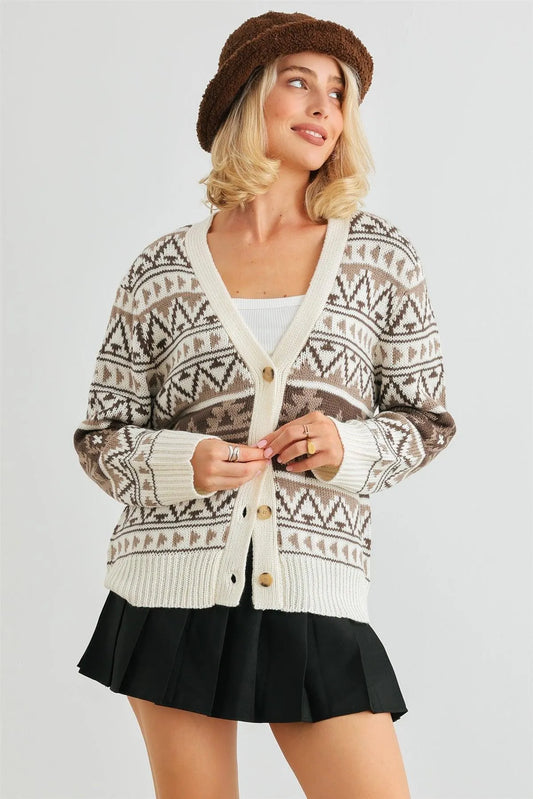 Cream Fair Isle Knit Button-Up Long Sleeve Cardigan Sweater /2-2 - Tasha Apparel Wholesale